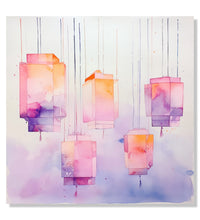 Painting for Living Room:orange, pink and purple floating lights tied with threads, floating in sky