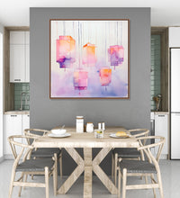 Painting for Home:orange, pink and purple floating lights tied with threads, floating in sky