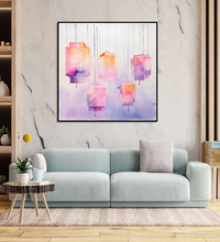 Painting for Bedroom: orange, pink and purple floating lights tied with threads, floating in sky