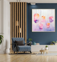 Large Painting for Drawing Room: orange, pink and purple floating lights tied with threads, floating in sky