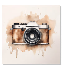 Painting for Living Room:An old camera in black and brown colour , bsplashed brown colour against background of off white