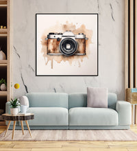 Painting for Bedroom: An old camera in black and brown colour , bsplashed brown colour against background of off white
