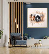 Large Painting for Drawing Room: An old camera in black and brown colour , bsplashed brown colour against background of off white