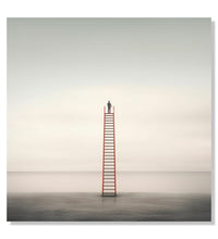 Painting for Living Room:A person standing on top of a ladder, which starts on ground and has top in air, plain ground and sky bakground