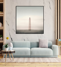 Painting for Bedroom: A person standing on top of a ladder, which starts on ground and has top in air, plain ground and sky bakground
