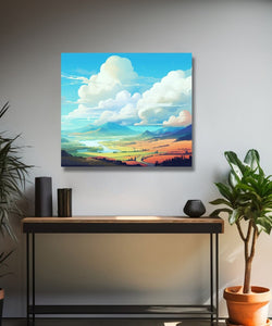 Orange Hills, clouds and sky with light blue lake in middle, Room 1