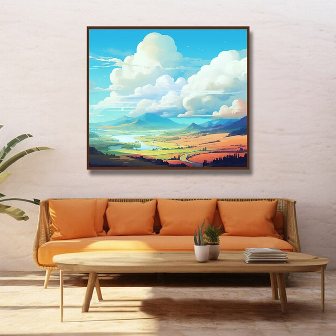 Orange Hills, clouds and sky with light blue lake in middle, Room 2