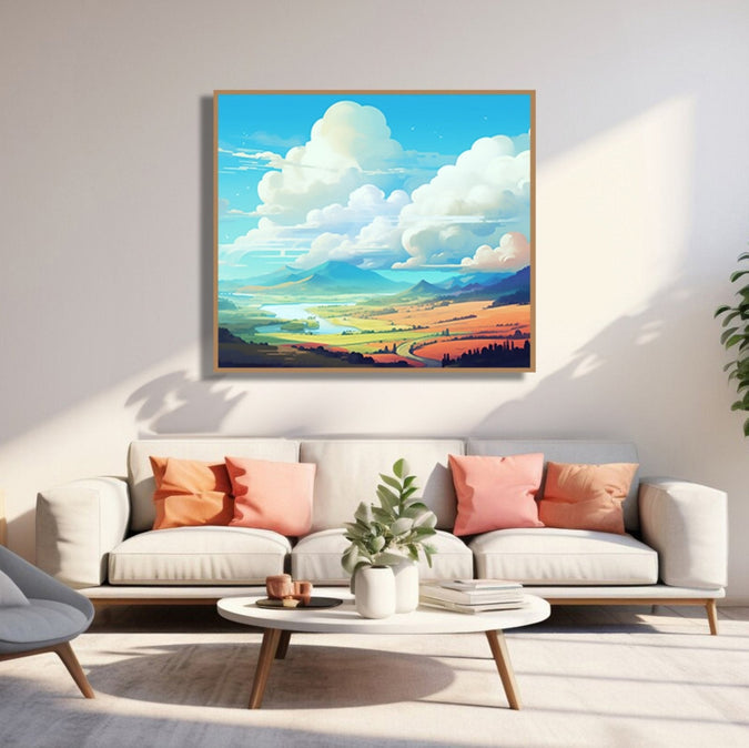 Orange Hills, clouds and sky with light blue lake in middle, Room 3