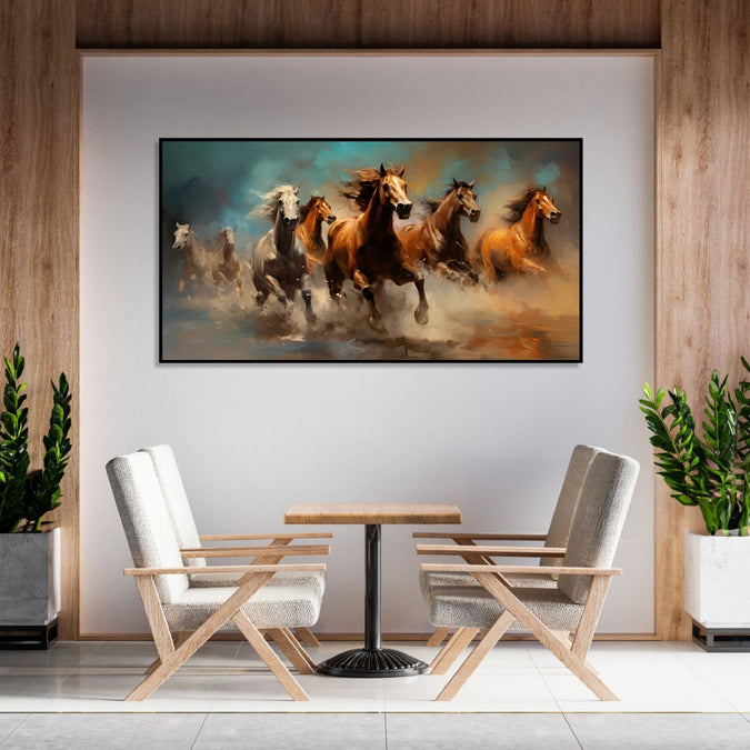 Painting for Bedroom: 4 Brown and 3 White horses running in abstract background, water