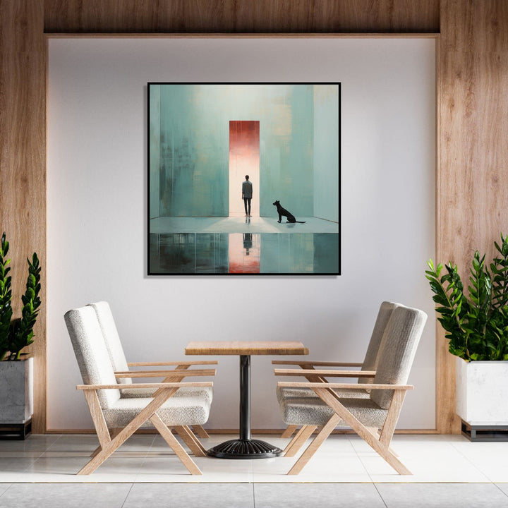 Painting for Bedroom: A Man in door frame and a dog by his side in a minimalistic room