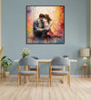 Painting for Bedroom: A couple facing each other and sitting, abstract background. Orange and off white abstract background