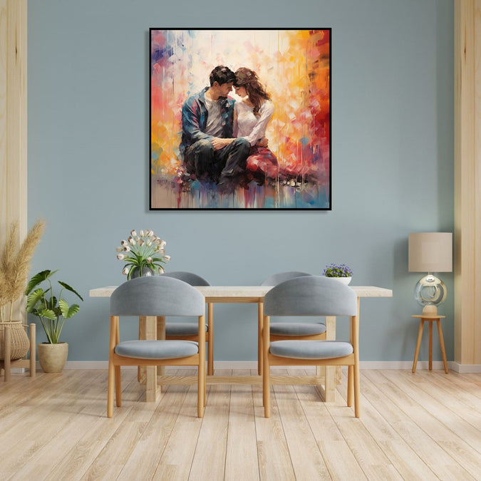 Painting for Bedroom: A couple facing each other and sitting, abstract background. Orange and off white abstract background