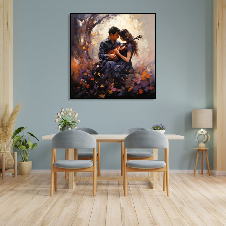 Painting for Bedroom: A couple sitting with a guitar under a tree, abstract background