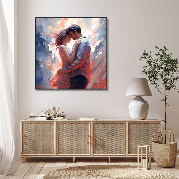 Painting for Bedroom: A couple standing and facing each other and embracing. Girl in pink dress and boy in light blue shirt. Light abstract background.
