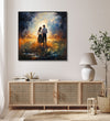 Painting for Bedroom: A couple walking into abstract background. Orange Green ground and White blue Sky.