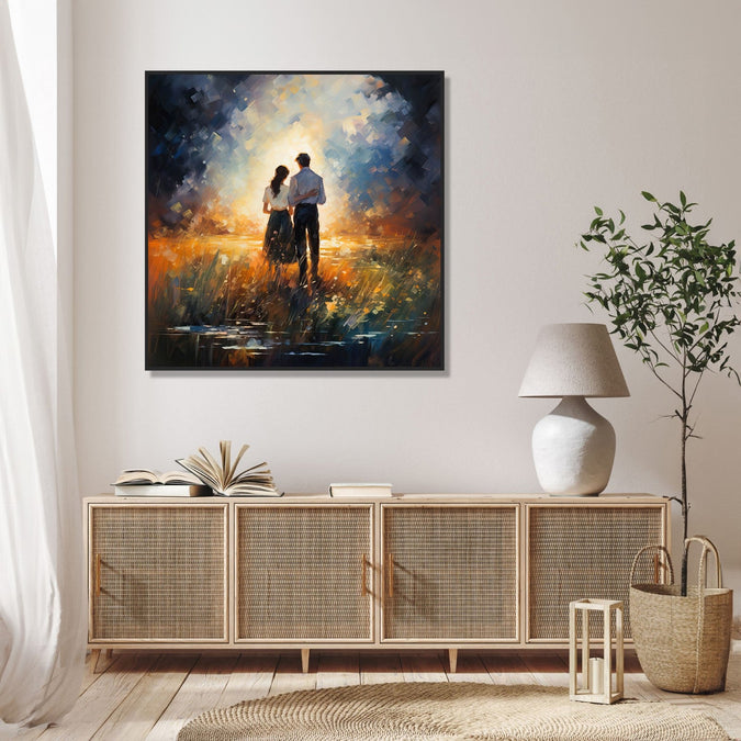 Painting for Bedroom: A couple walking into abstract background. Orange Green ground and White blue Sky.