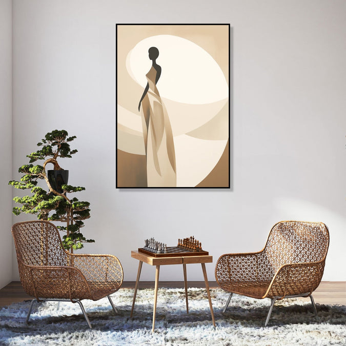 Painting for Bedroom: A flowy abstract figurine women in drark brown and beige colours