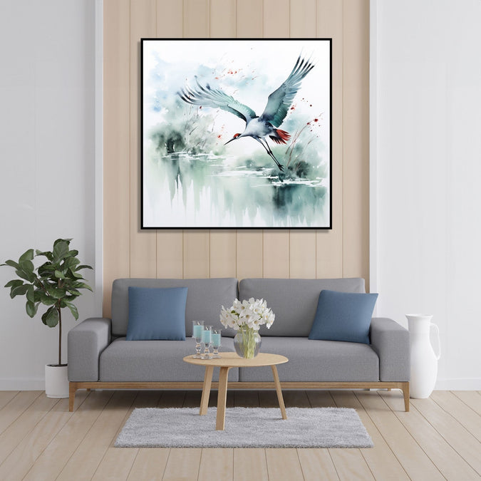 Painting for Bedroom: A grey Crane in abstract background in watercolour