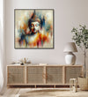 Painting for Bedroom: A meditating buddha in plain abstract workwith light grey, orange,light blue colours