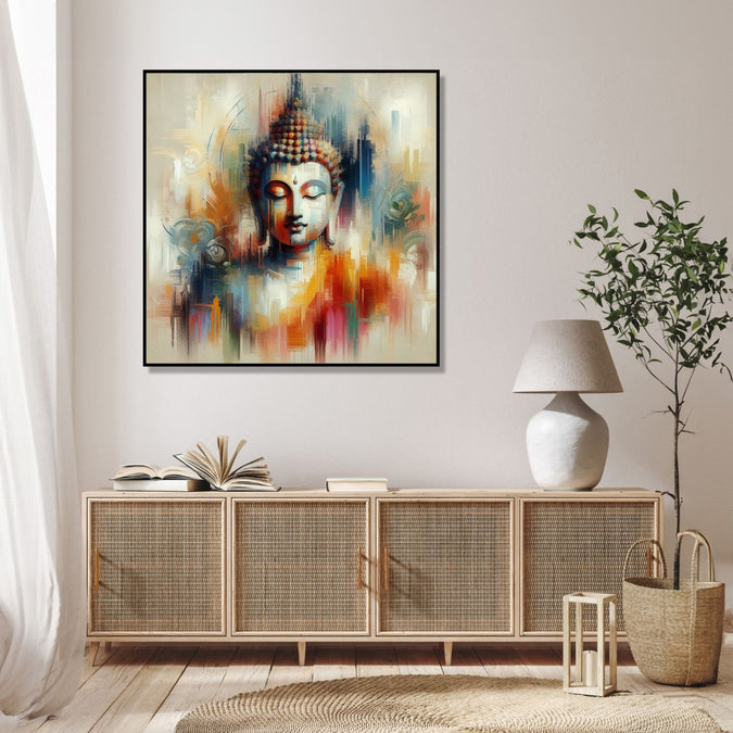 Painting for Bedroom: A meditating buddha in plain abstract workwith light grey, orange,light blue colours