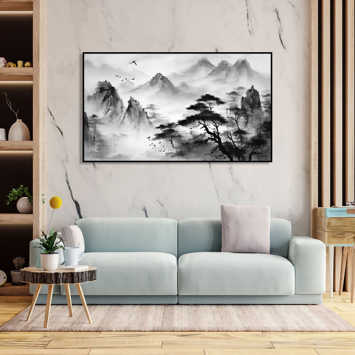 Painting for Bedroom: A monochrome of mountains and trees Asian Landscape