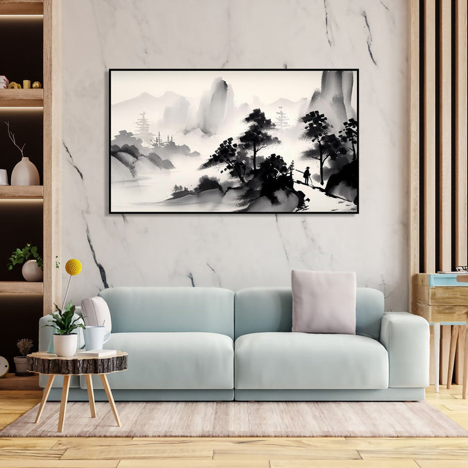 Painting for Bedroom: A monochrome of mountains and trees, with a man passing by in an Asian Landscape