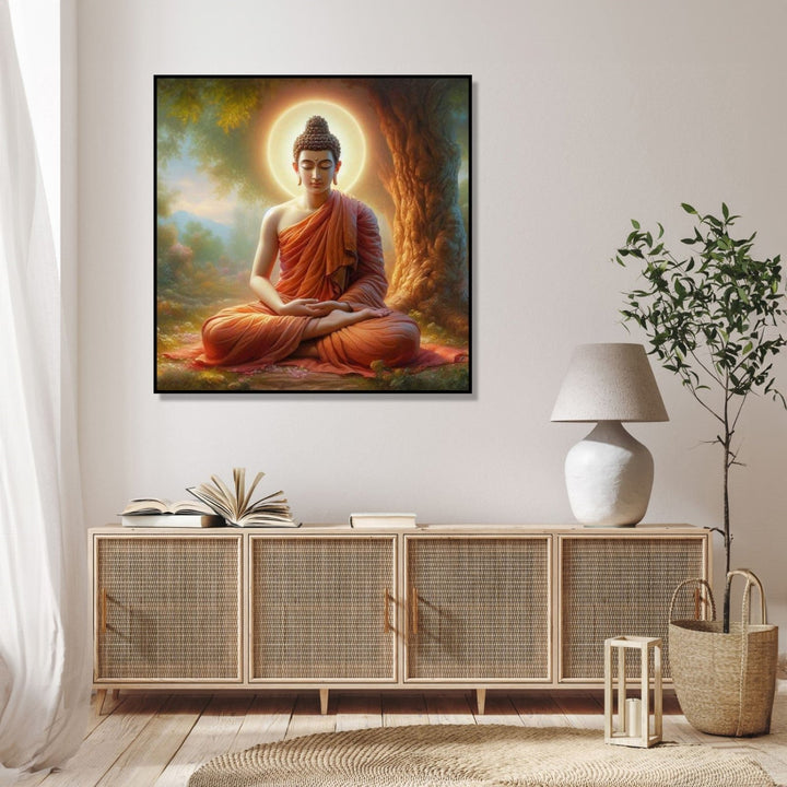 Painting for Bedroom: A realistic painting of meditating buddha under a tress with gold orb behind his head