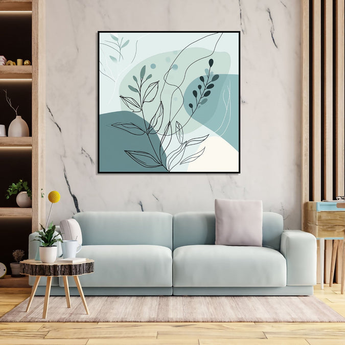 Painting for Bedroom: An Abstract with dull sea green colour shapes and leaves and shoots in front