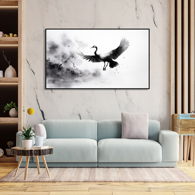 Painting for Bedroom: An Asian Monochrome landscape of a crane flying against an abstract background in black and white