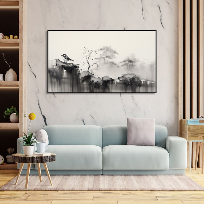 Painting for Bedroom: An Asian Monochrome landscape of a sparrow sitting on a cliff and faded tree line in background of black and white