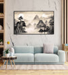 Painting for Bedroom: An Asian Monochrome of mountains, Lake and tree with Misty surroundings and two sun