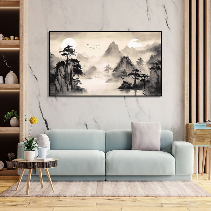 Painting for Bedroom: An Asian Monochrome of mountains, Lake and tree with Misty surroundings and two sun