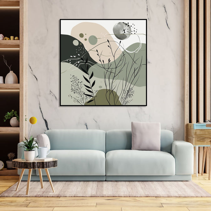 Painting for Bedroom: An abstract image with Beige, black an dolive green colours, some shoots, leaves and, small circles in front.