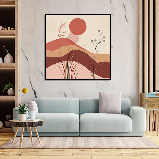 Painting for Bedroom: An abstract of beige, brown, maroon shades with hills, grass and Maroon sun