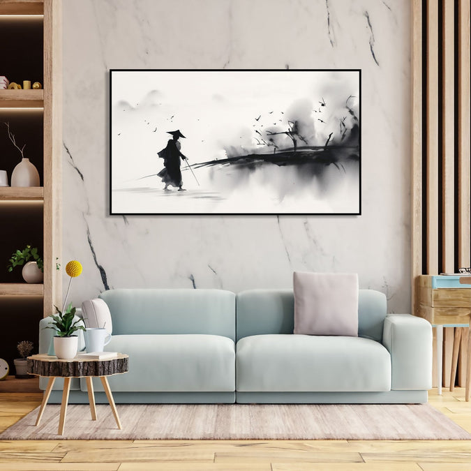 Painting for Bedroom: Asian Monochrome of a traveller going through an abstract landscape