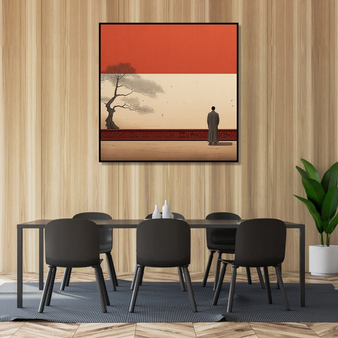 Painting for Bedroom: Asian Painting of a man standing and looking out to open space, with a tree on a side and Asian design wall