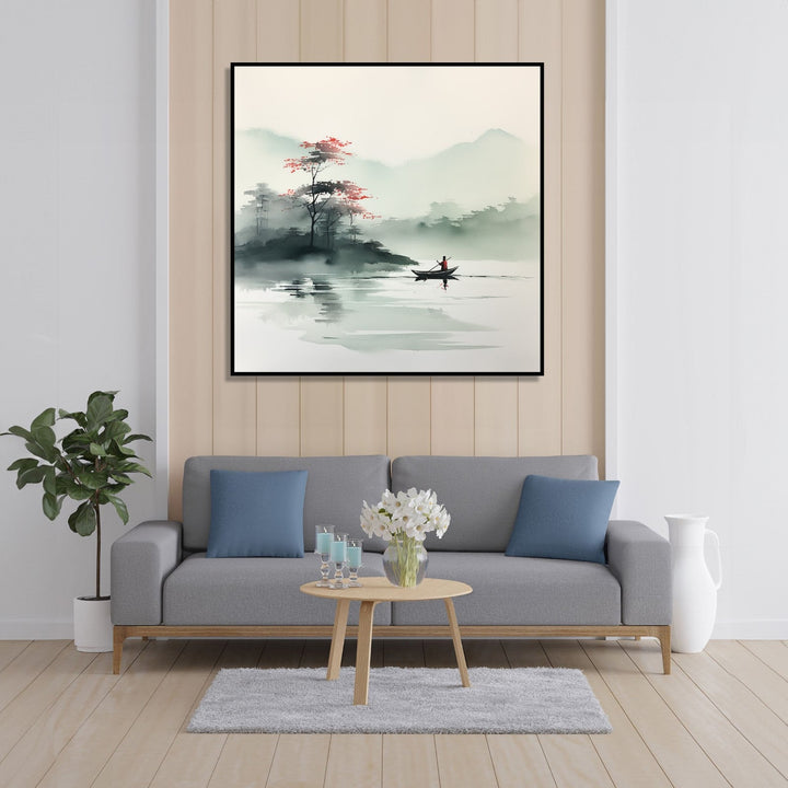 Painting for Bedroom: Asian Watercolour landscape of a small boat in the waterbody, trees and mountains in the background