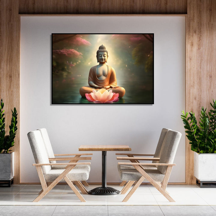 Painting for Bedroom: Buddha in peaceful Water and pink trees with Lotus in front