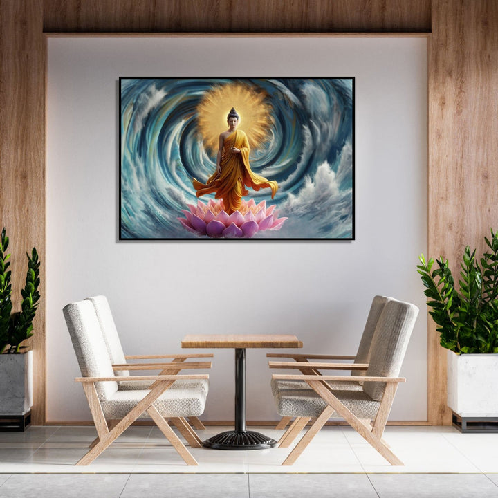 Painting for Bedroom: Buddha standing on a lotus, with Blue water spiral and gold orb in background