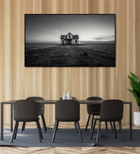 Painting for Bedroom: Minimalistic Monochrome with a delapidated gouse in the middle of a grassland ad clear sky