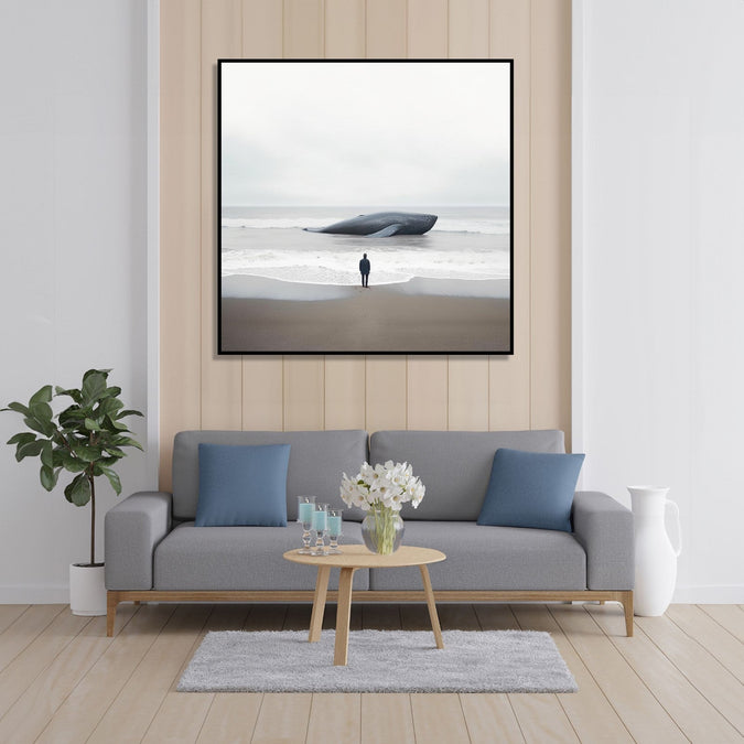 Painting for Bedroom: Minimalistic Painting of a Man looking at a beached whale