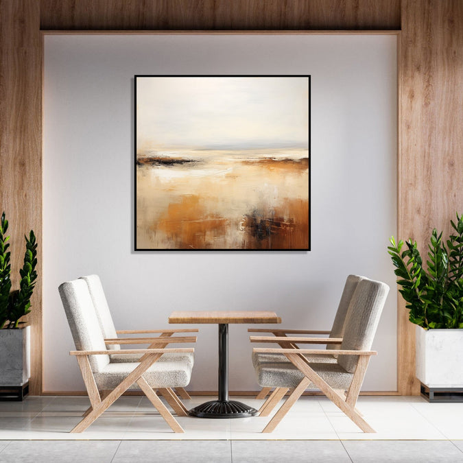 Painting for Bedroom: Minimalistic abstract with grey, white, yellow, orange and dark brown heus