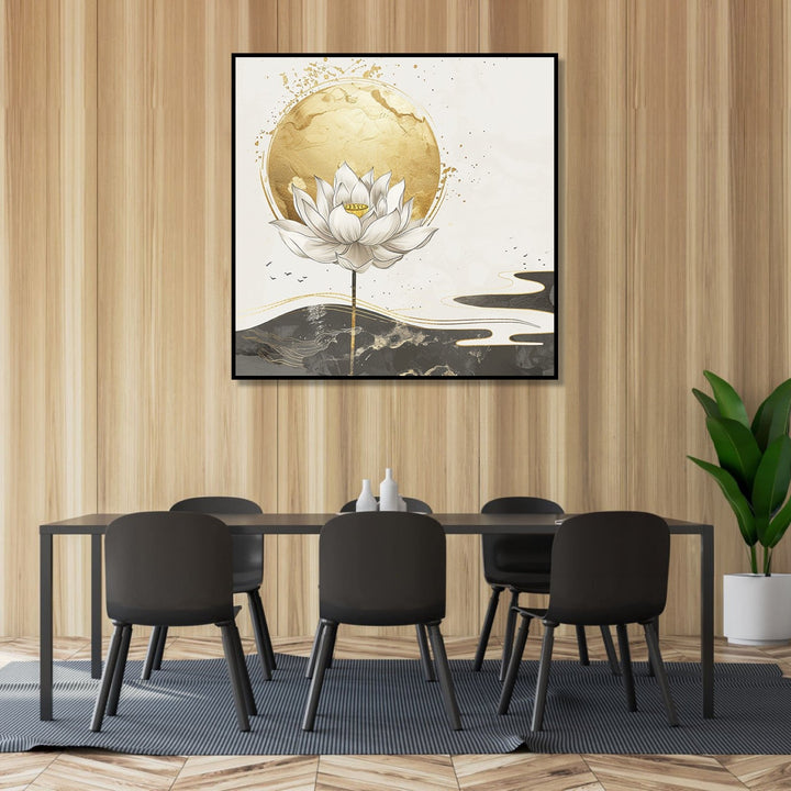 Painting for Bedroom: Minimalistic image of a white lotus with golden orb behind and white, black, golden abstract background