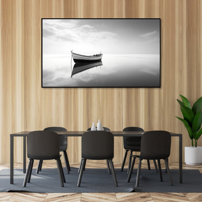 Painting for Bedroom: Minimalistic monochrome with a boat with clear reflection.