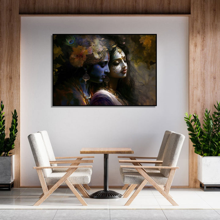 Painting for Bedroom: Radha Krishna facing right side and lost in thoughts, Blue Krishna and Beige Radha, with Krishna wearing flower head band