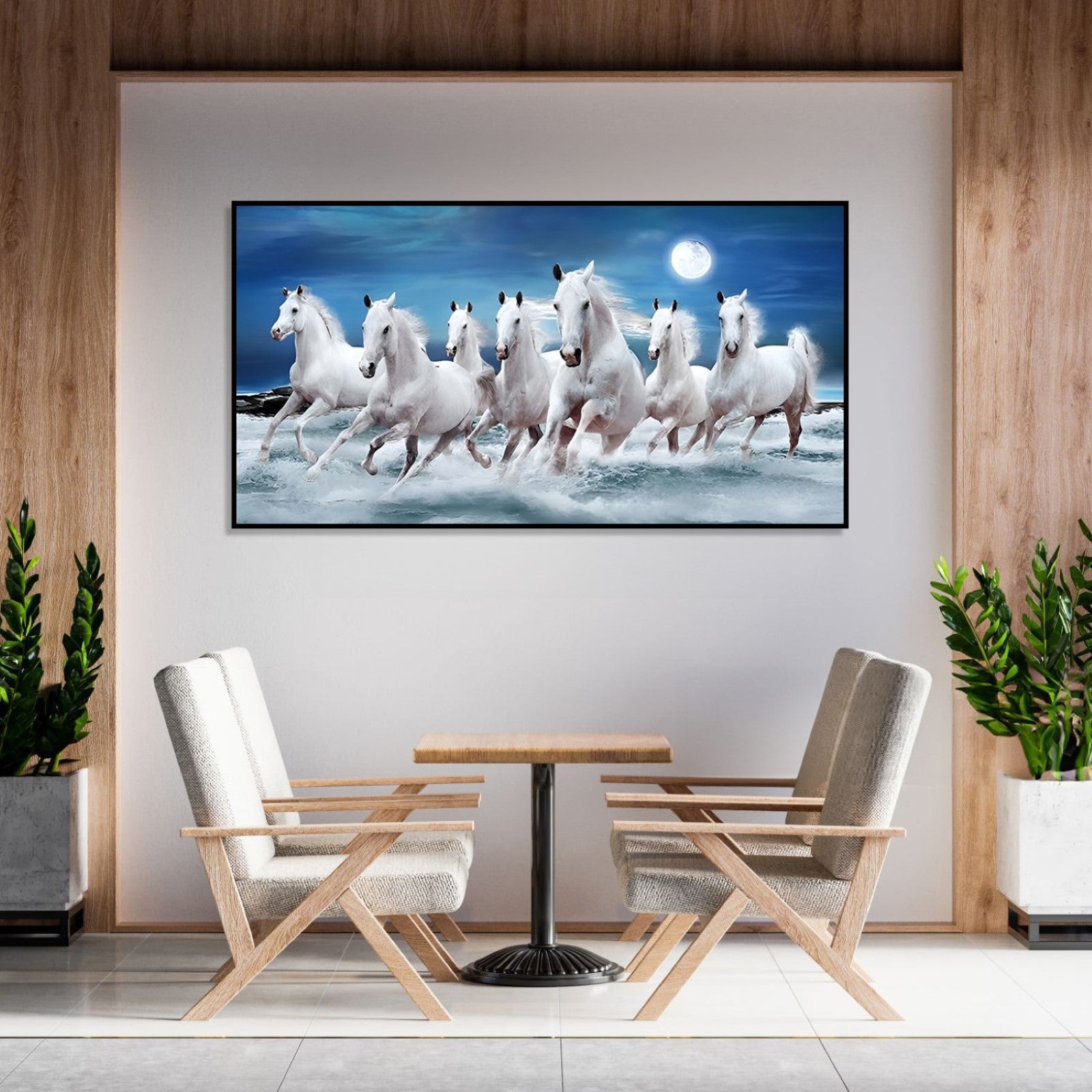 Painting of Seven white horses running in water, blue sky and moon in ...