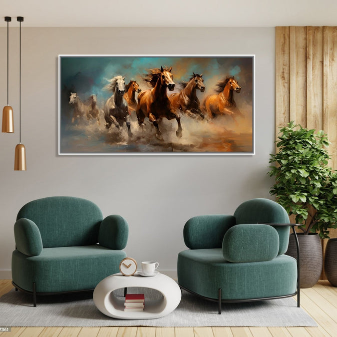 Painting for Drawing Room: 4 Brown and 3 White horses running in abstract background, water