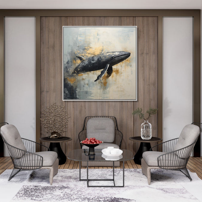 Painting for Drawing Room: A Black grey Whale in abstract background