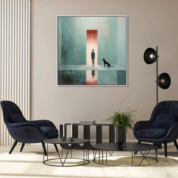 Painting for Drawing Room: A Man in door frame and a dog by his side in a minimalistic room