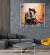 Painting for Drawing Room: A couple facing each other and sitting, abstract background. Orange and off white abstract background